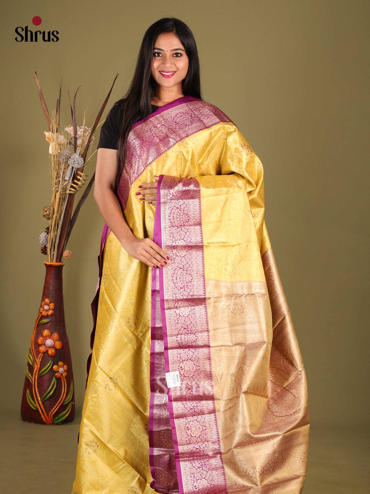Yellow & Purple - Kanchipuram-halfpure Saree