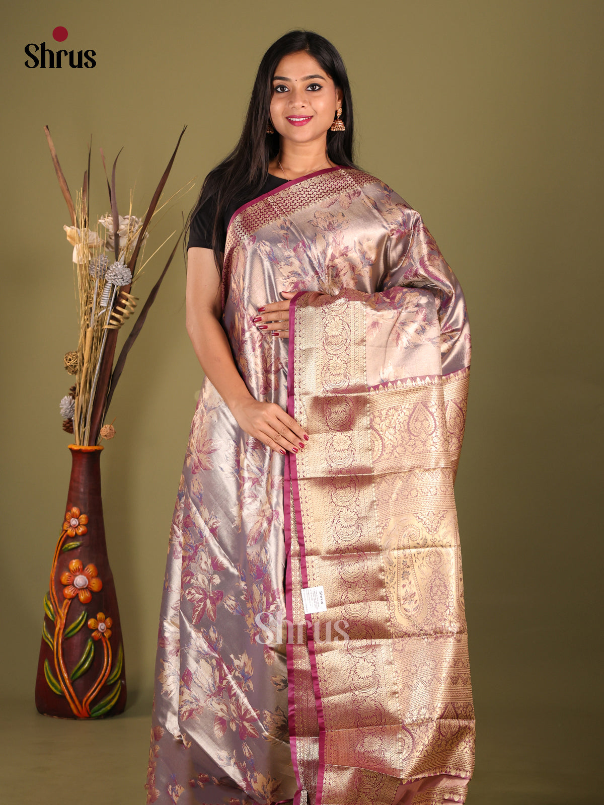 Grey & Purple- Kanchipuram-halfpure Saree - Shop on Shrus.com