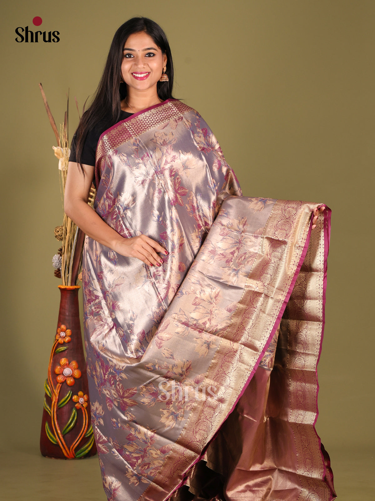 Grey & Purple- Kanchipuram-halfpure Saree - Shop on Shrus.com