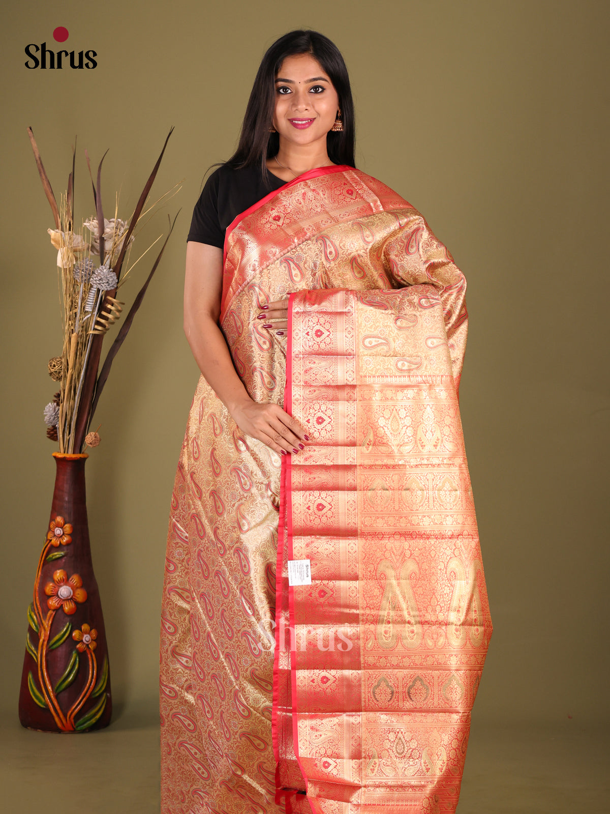 Peach & Red - Kanchipuram-halfpure Saree - Shop on Shrus.com