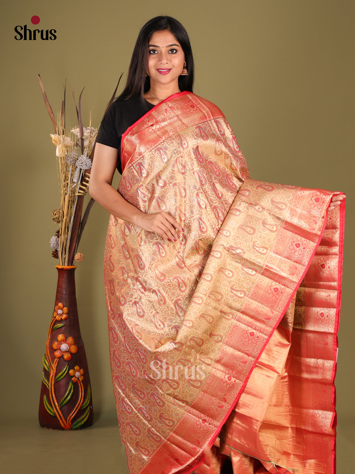 Peach & Red - Kanchipuram-halfpure Saree - Shop on Shrus.com
