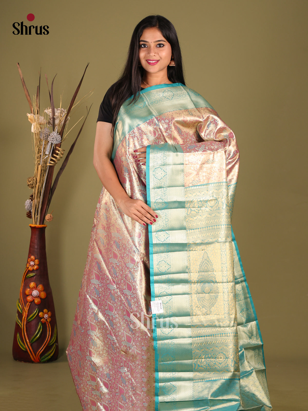 Pink & Blue - Kanchipuram-halfpure Saree