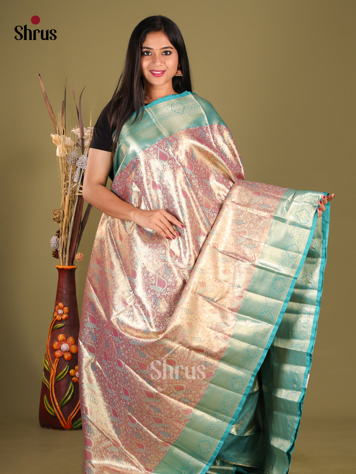 Pink & Blue - Kanchipuram-halfpure Saree