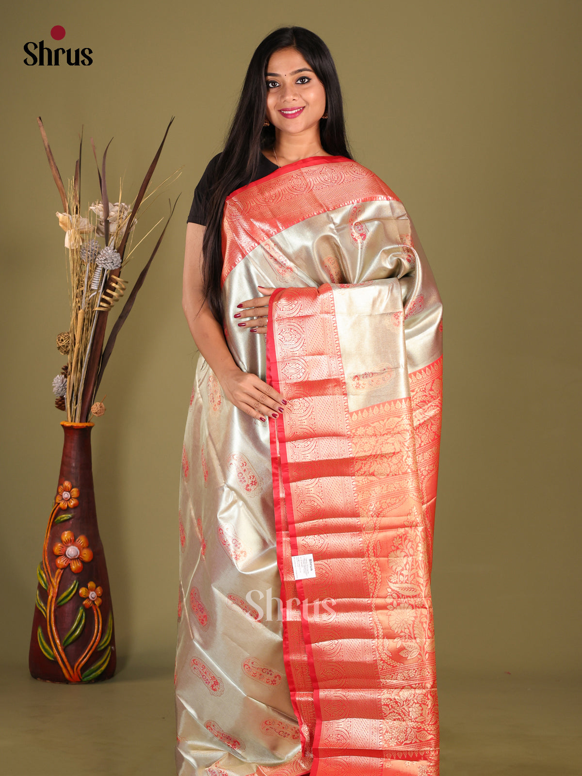 Cream & Red- Kanchipuram-halfpure Saree