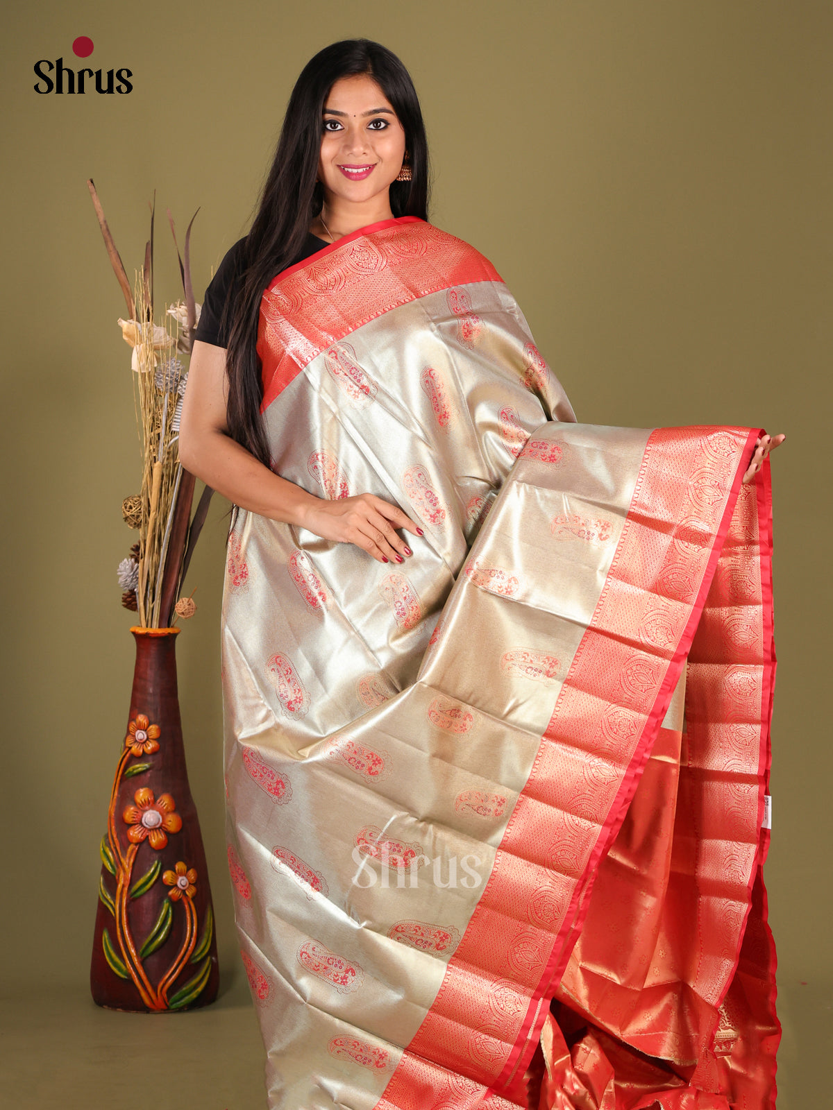Cream & Red- Kanchipuram-halfpure Saree 1