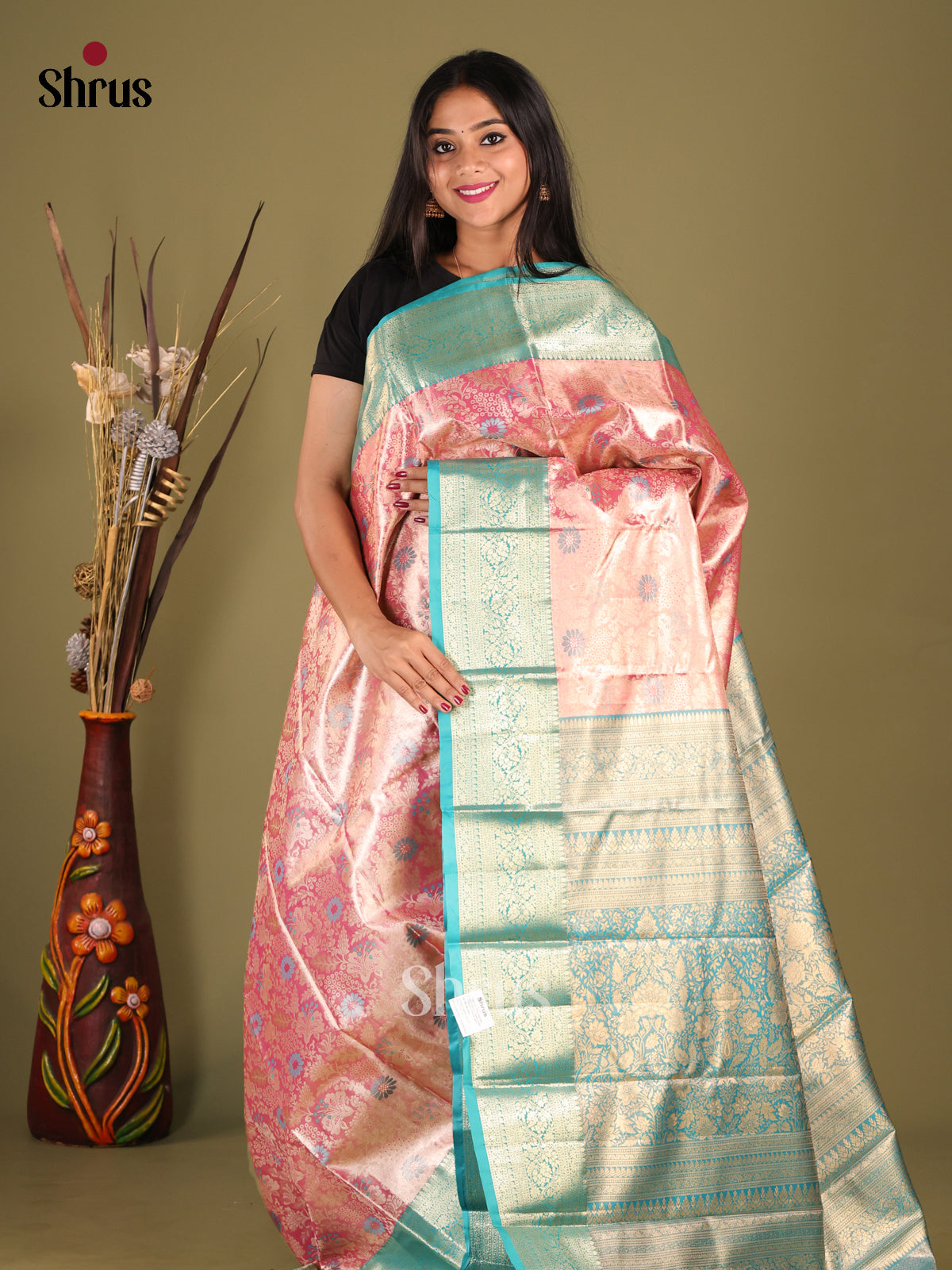 Pink & Blue- Kanchipuram-halfpure Saree