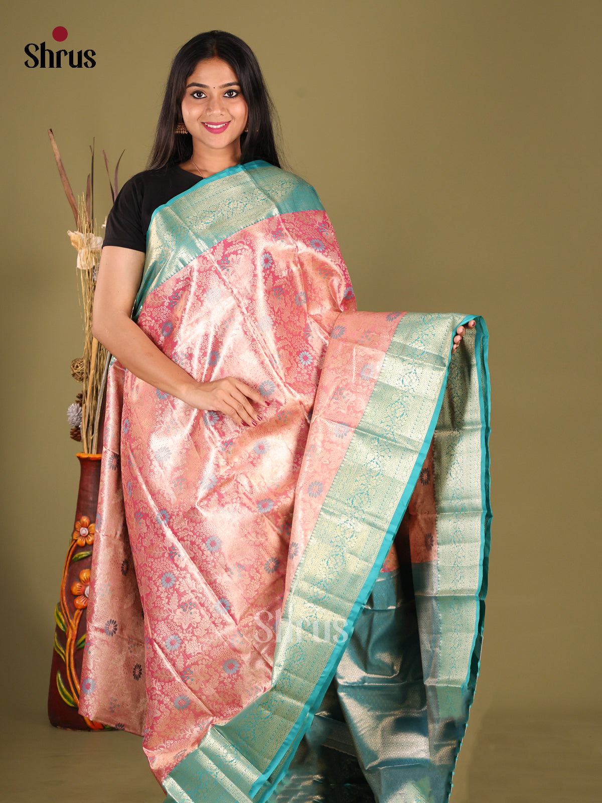 Pink & Blue- Kanchipuram-halfpure Saree 1