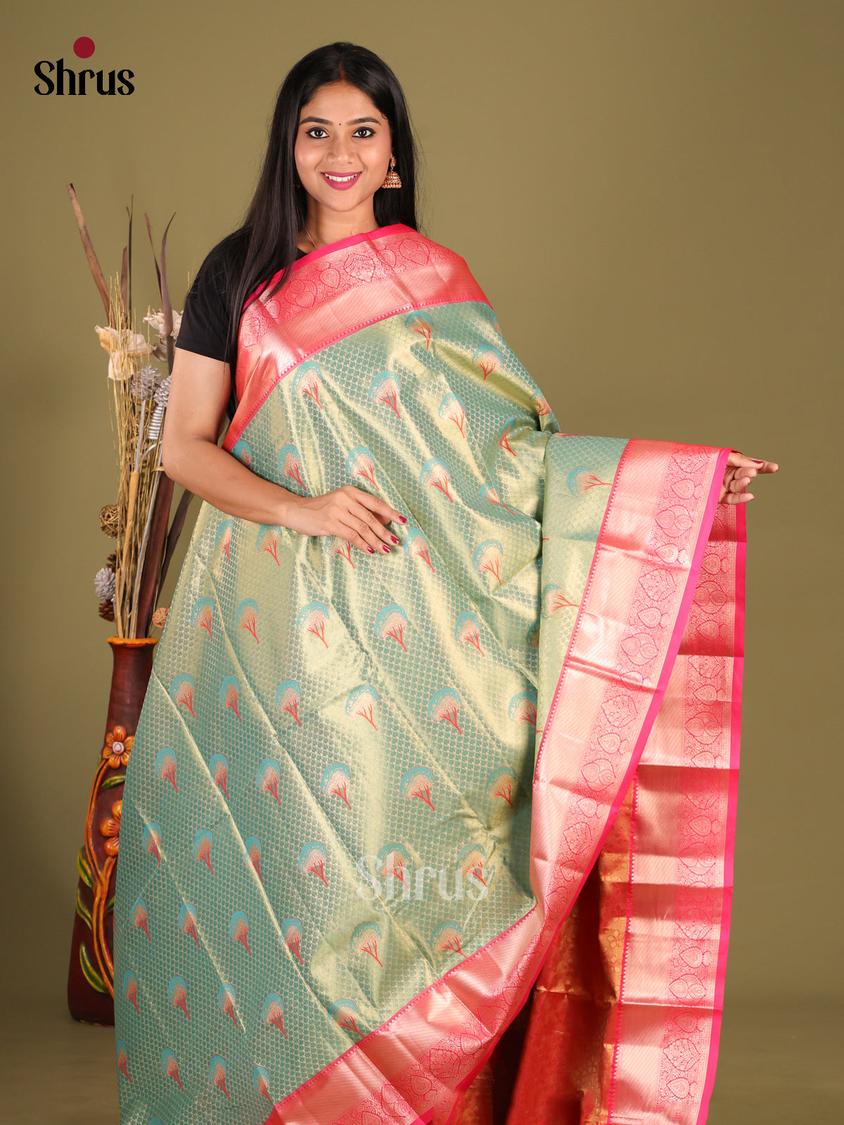 pastel Green & Pink- Kanchipuram-halfpure Saree 1