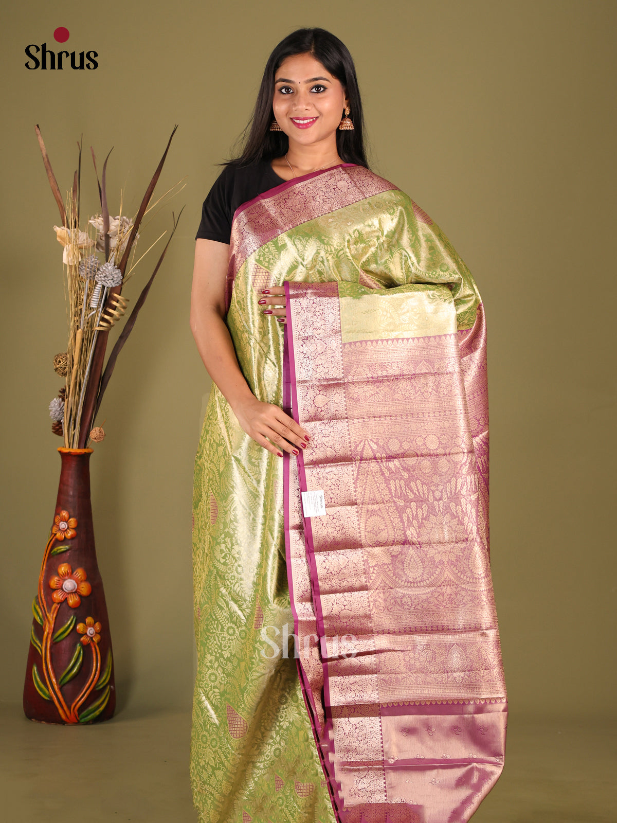 Light Green & Purple - Kanchipuram-halfpure Saree