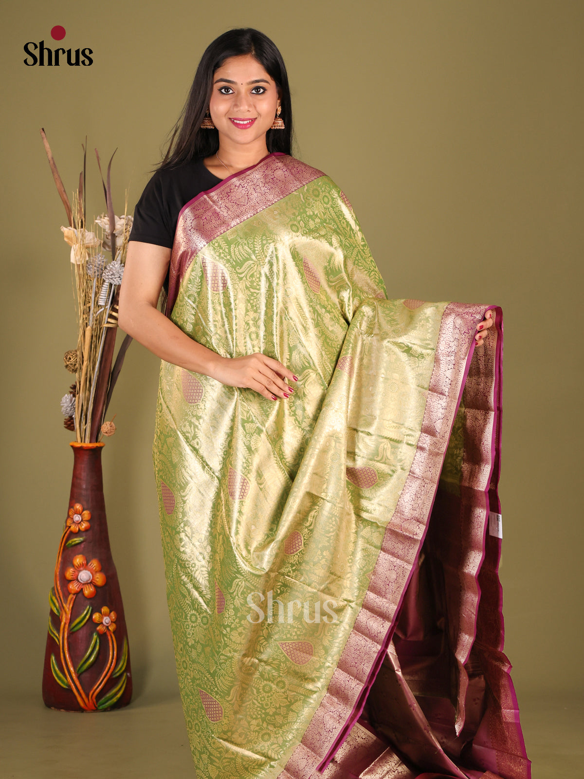 Light Green & Purple - Kanchipuram-halfpure Saree 1