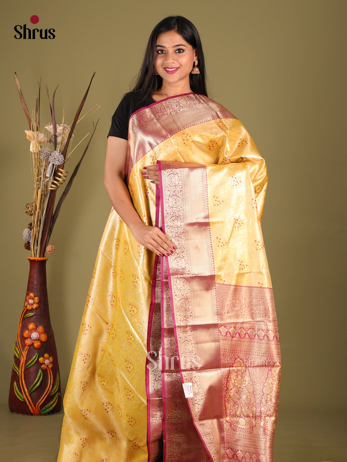 Yellow & Maroon - Kanchipuram-halfpure Saree