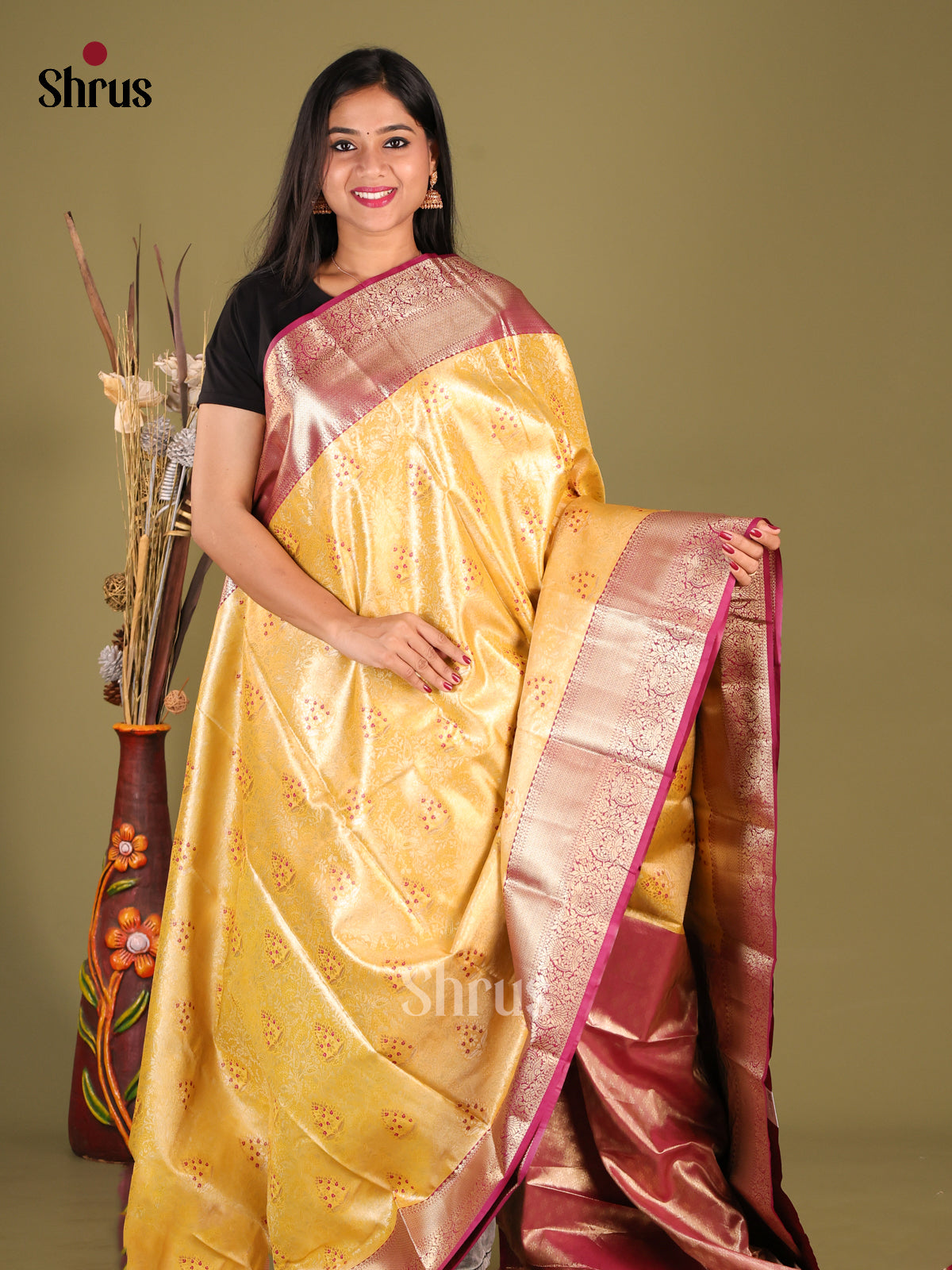 Yellow & Maroon - Kanchipuram-halfpure Saree 1