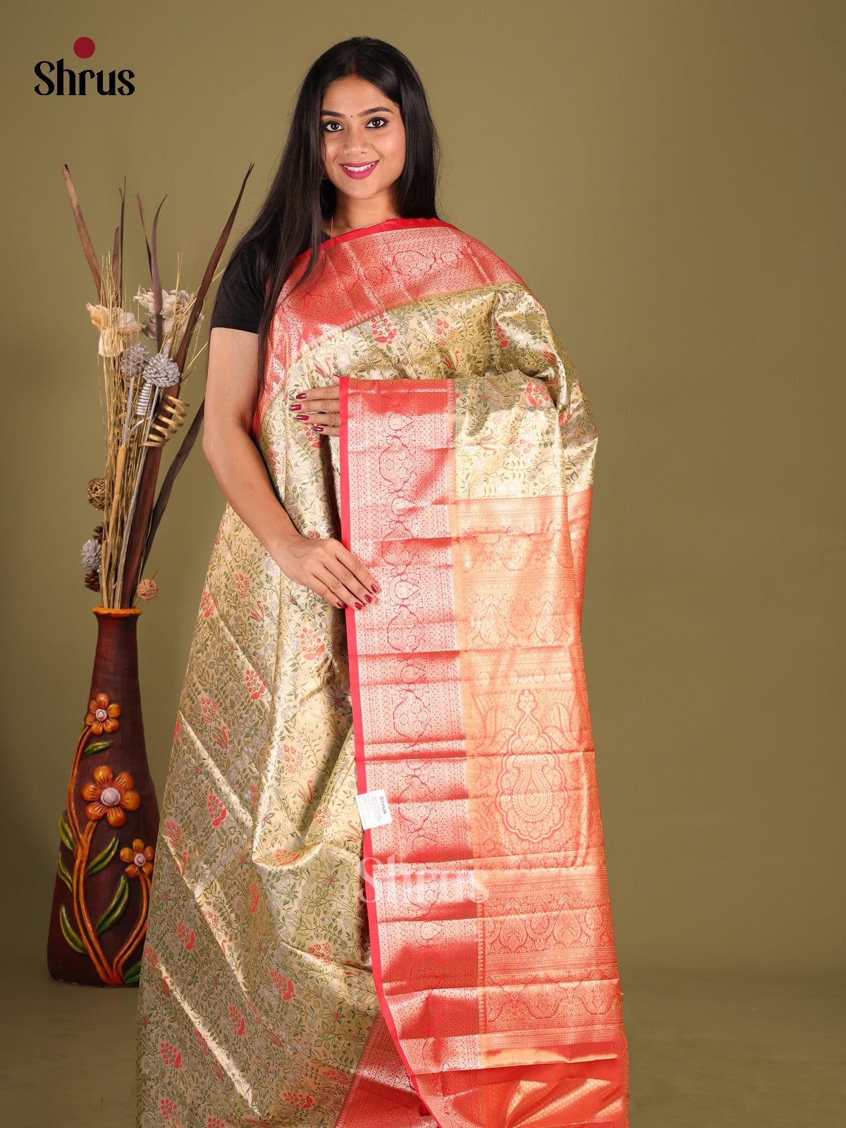 Mint Green & Red - Kanchipuram-halfpure Saree