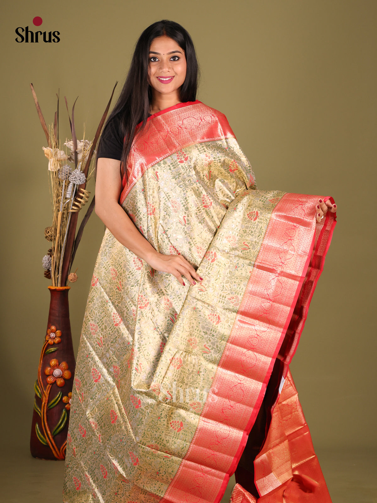 Mint Green & Red - Kanchipuram-halfpure Saree