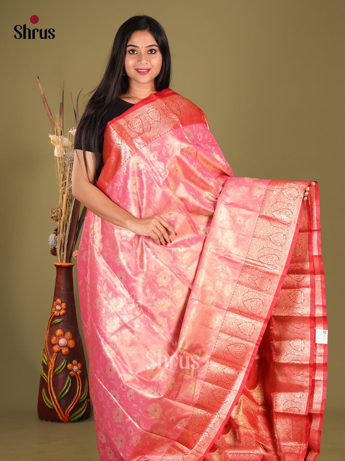 Pink & Red- Kanchipuram-halfpure Saree 1