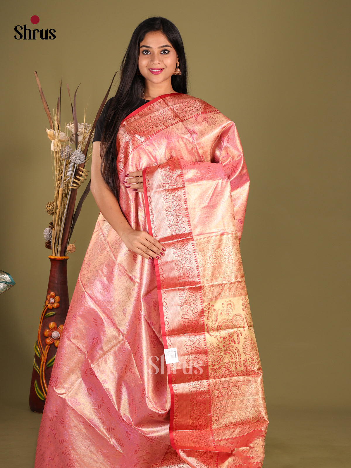 Pink & Red - Kanchipuram-halfpure Saree