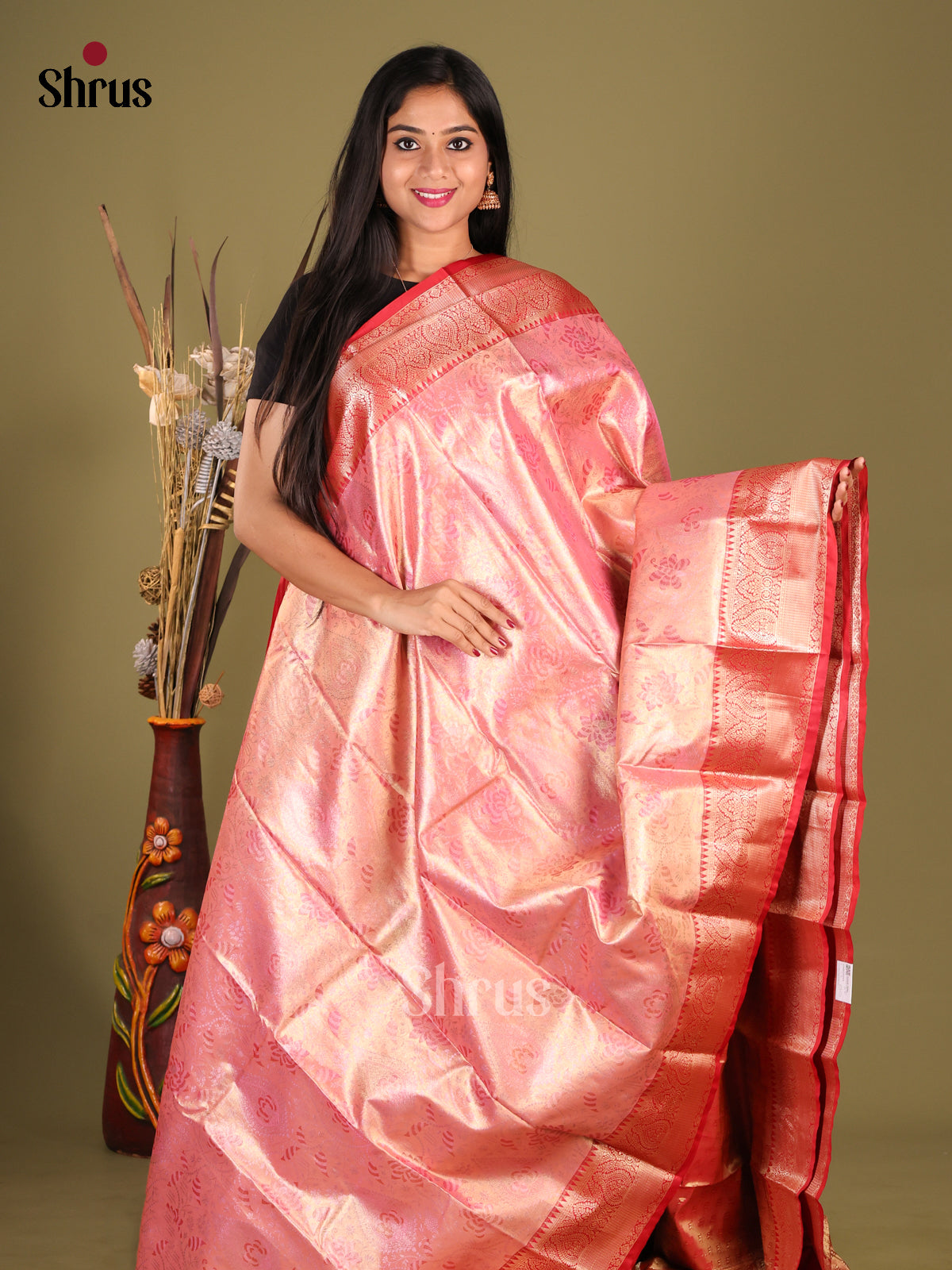 Pink & Red - Kanchipuram-halfpure Saree 1