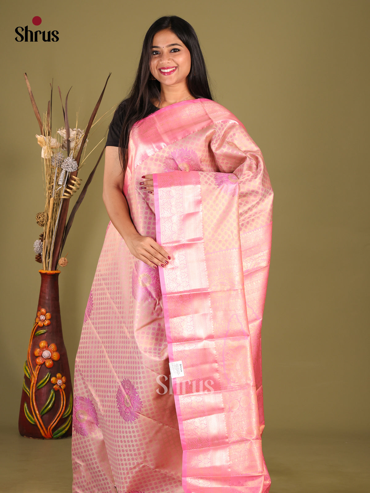 Dusty Pink & Pink - Kanchipuram-halfpure Saree - Shop on Shrus.com