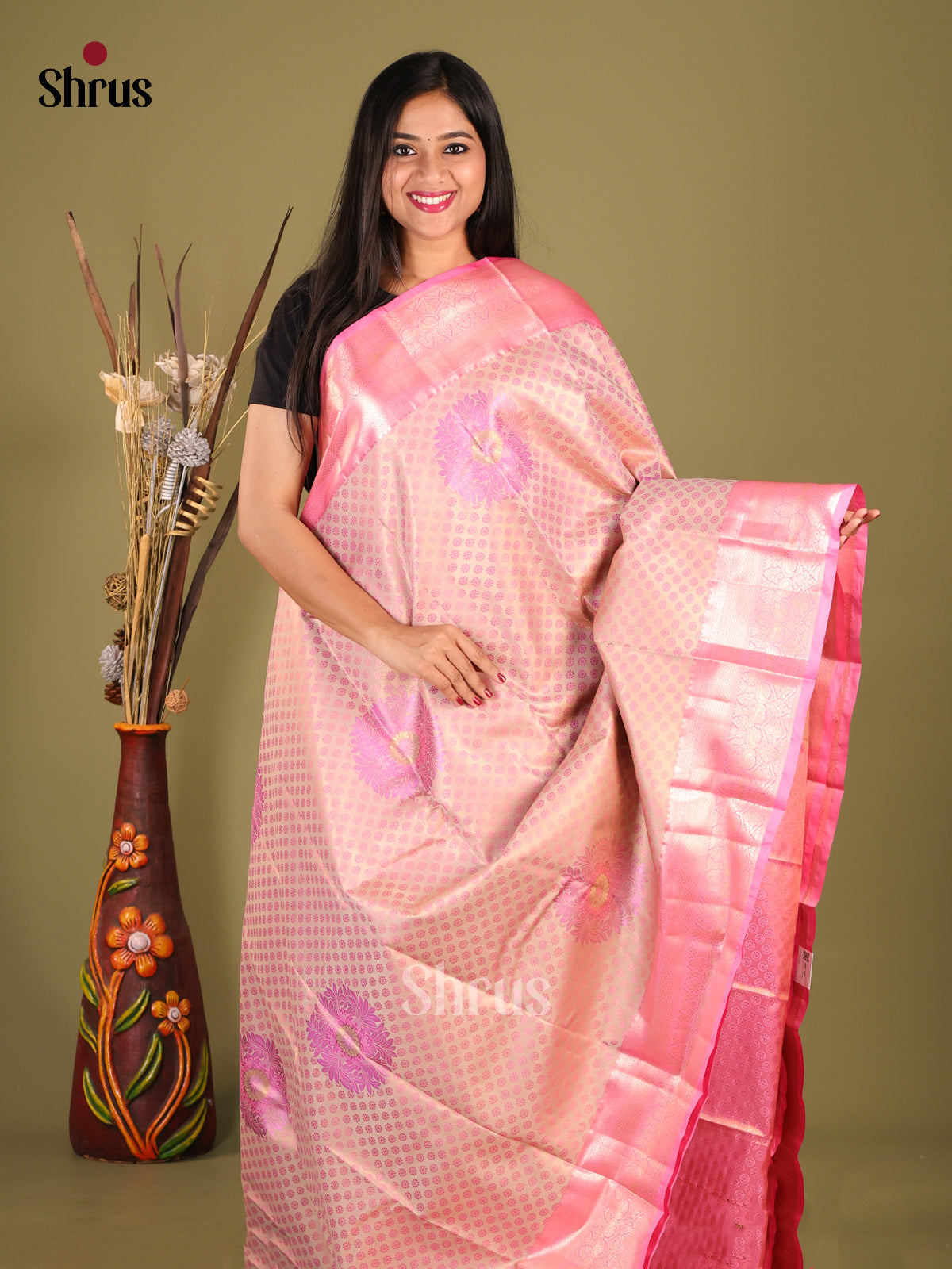 Dusty Pink & Pink - Kanchipuram-halfpure Saree - Shop on Shrus.com