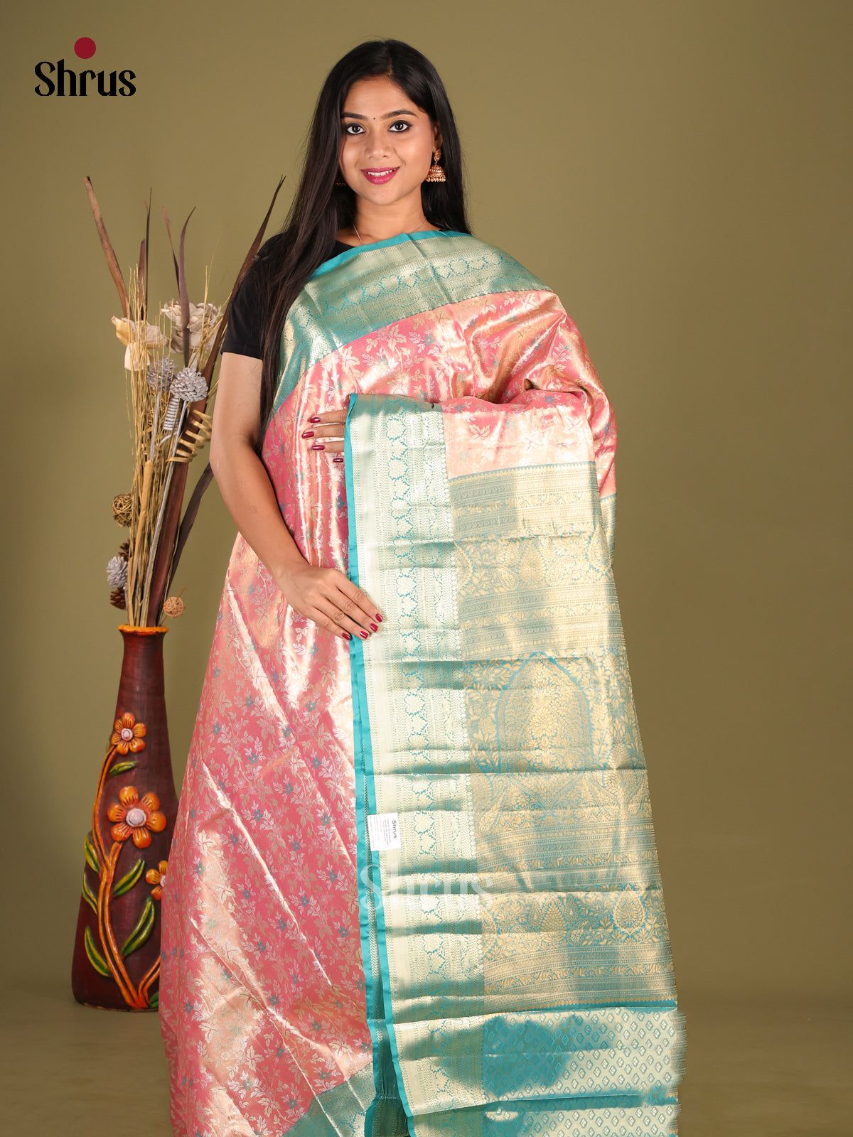 Pink & Blue - Kanchipuram-halfpure Saree