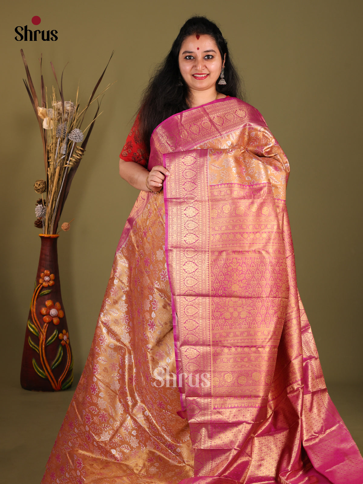 Rust & Purple - Kanchipuram-halfpure Saree - Shop on Shrus.com