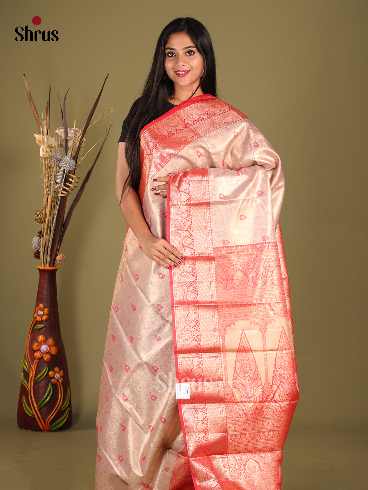 Cream & Red - Kanchipuram-halfpure Saree