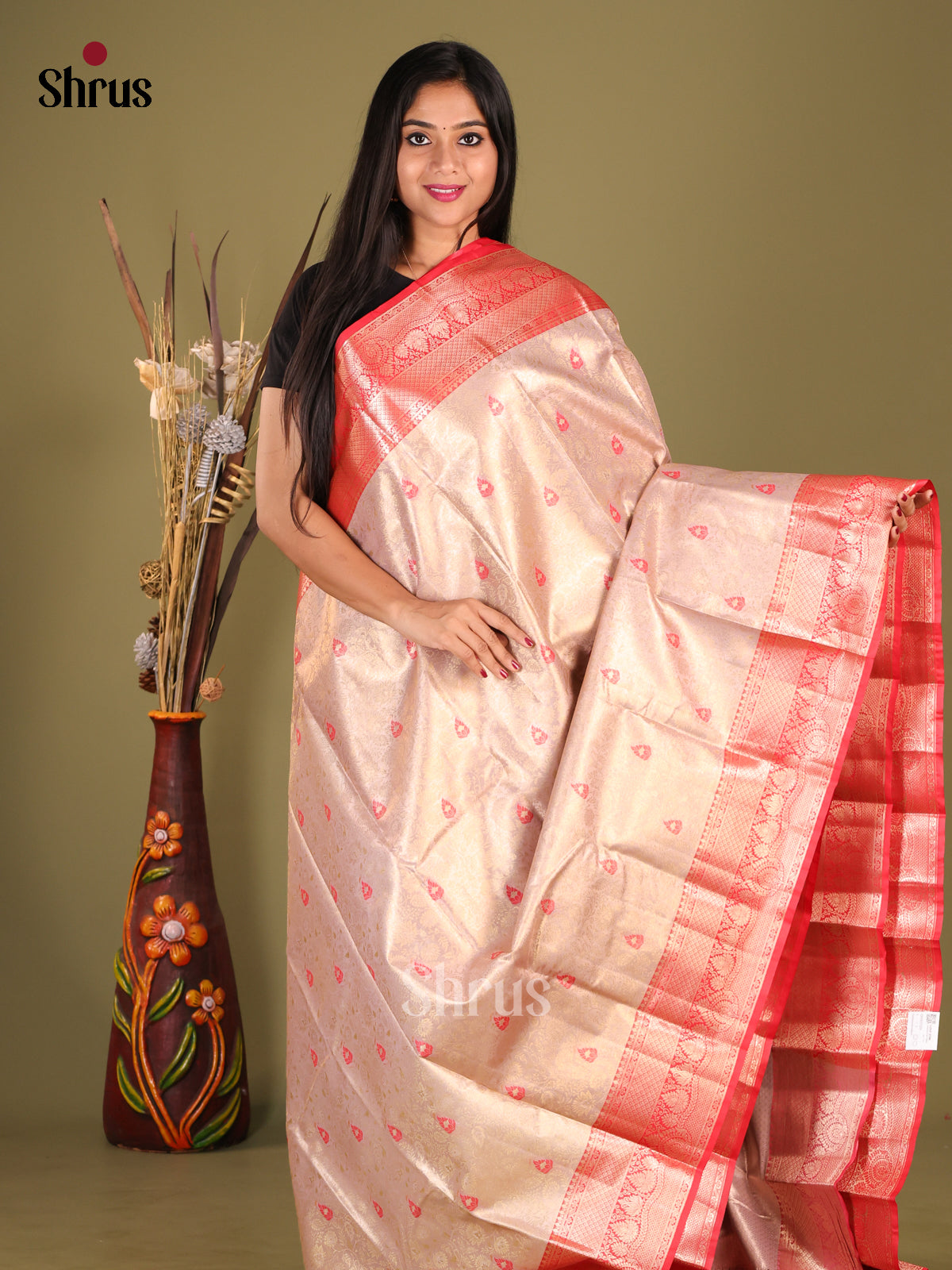 Cream & Red - Kanchipuram-halfpure Saree 1