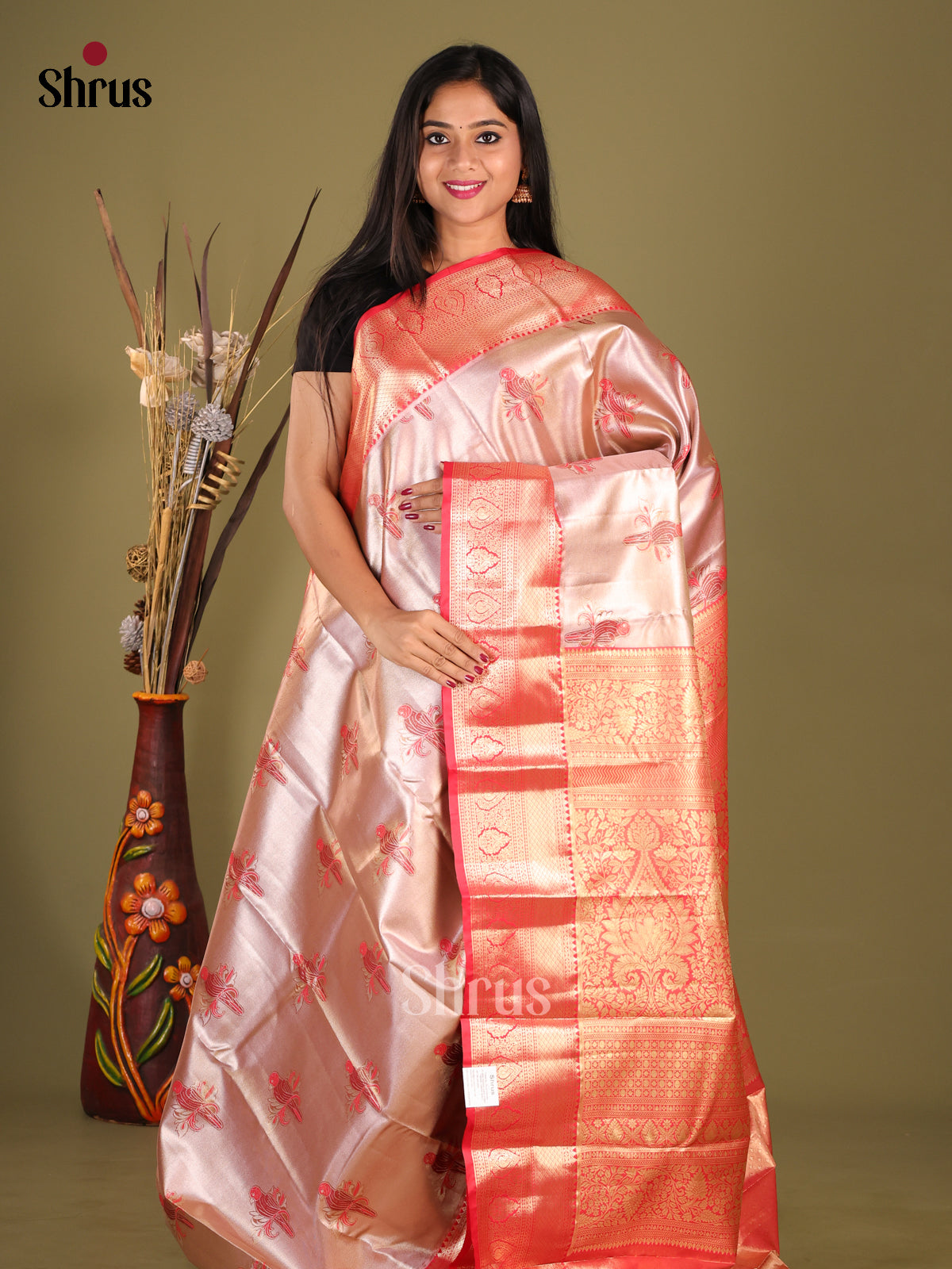 Pink & Red - Kanchipuram-halfpure Saree