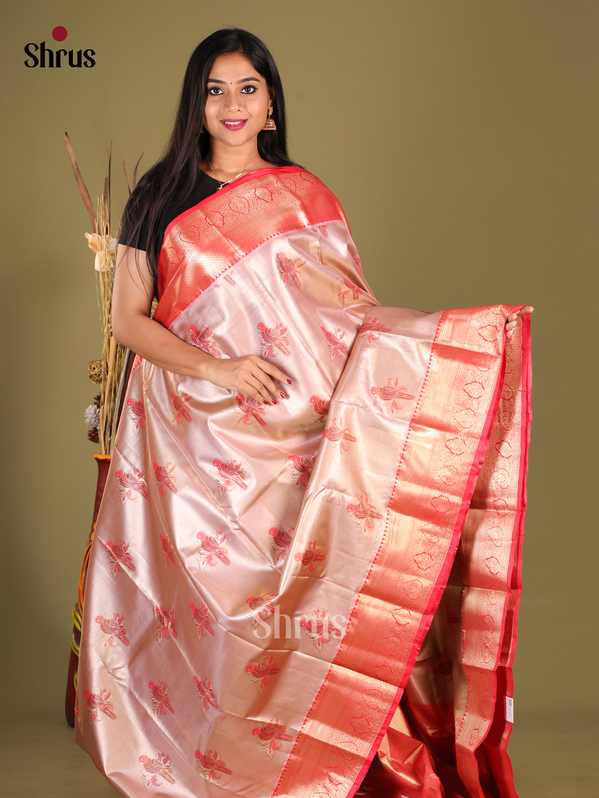 Pink & Red - Kanchipuram-halfpure Saree 1