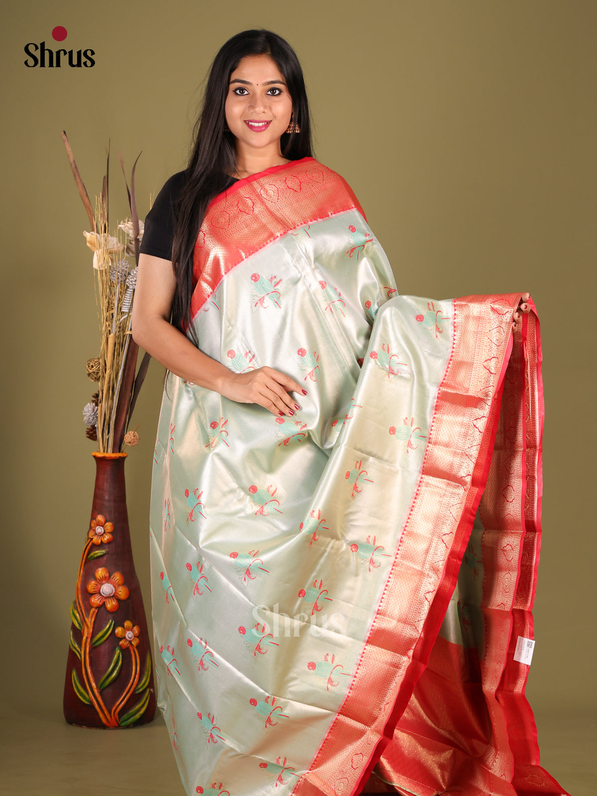 Pastel Blue & Red - Kanchipuram-halfpure Saree 1