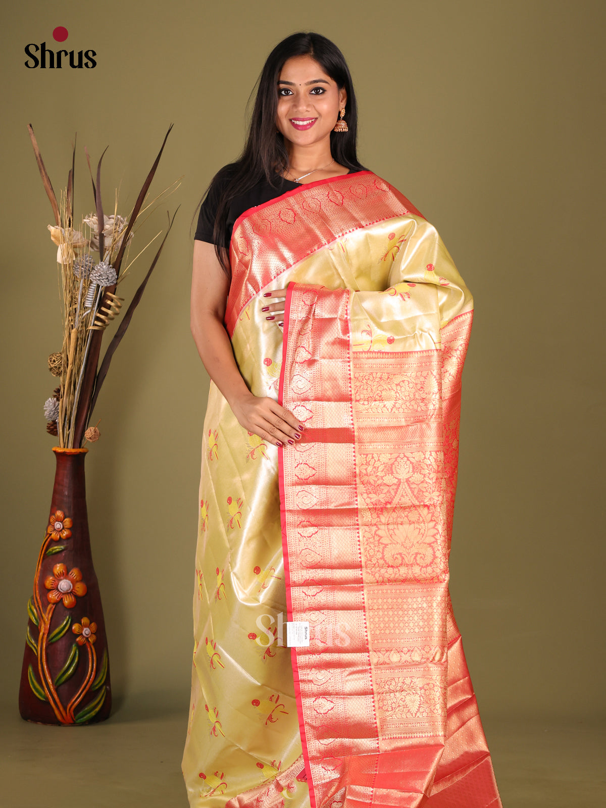 Yellow & Red - Kanchipuram-halfpure Saree - Shop on Shrus.com