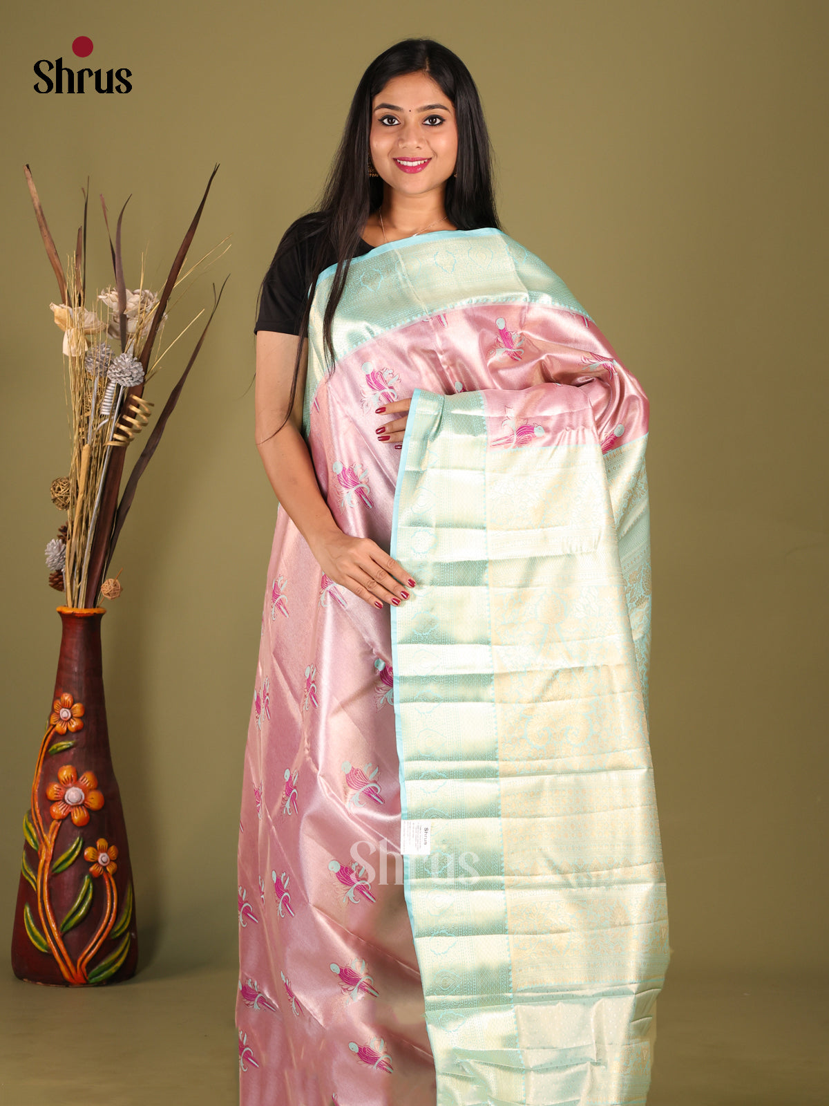Pink & Ice Blue- Kanchipuram-halfpure Saree - Shop on Shrus.com