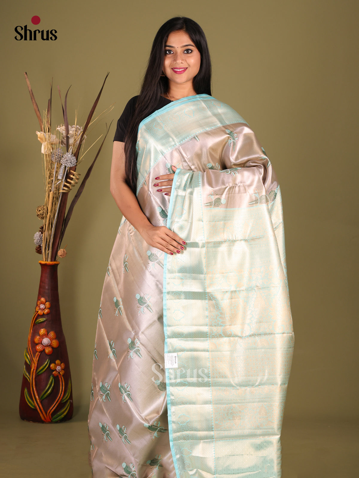 Cream & Light Blue - Kanchipuram-halfpure Saree