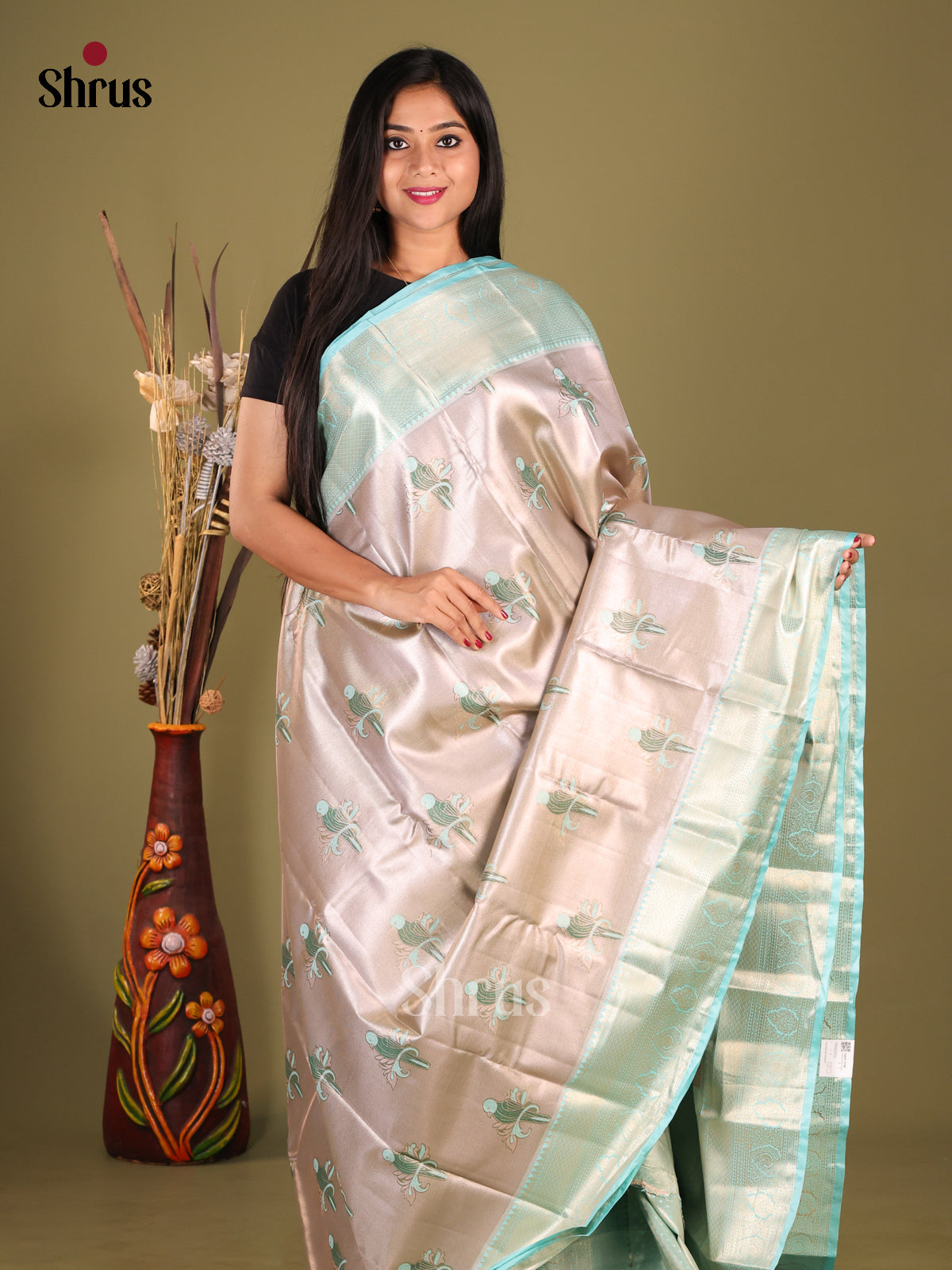 Cream & Light Blue - Kanchipuram-halfpure Saree 1