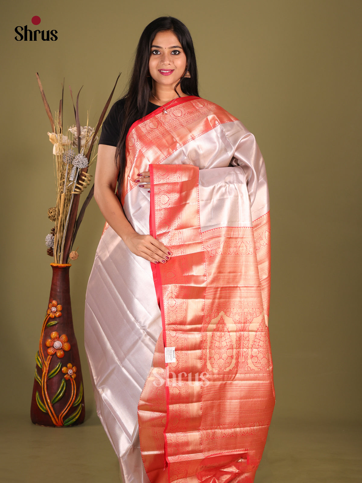 White & Red- Kanchipuram-halfpure Saree - Shop on Shrus.com