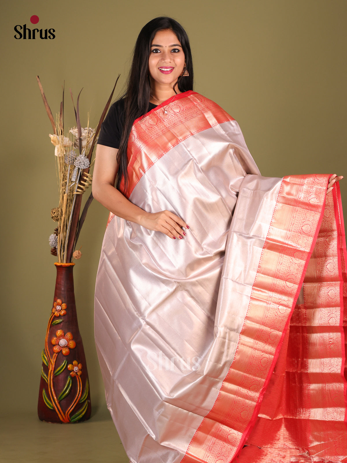 White & Red- Kanchipuram-halfpure Saree - Shop on Shrus.com