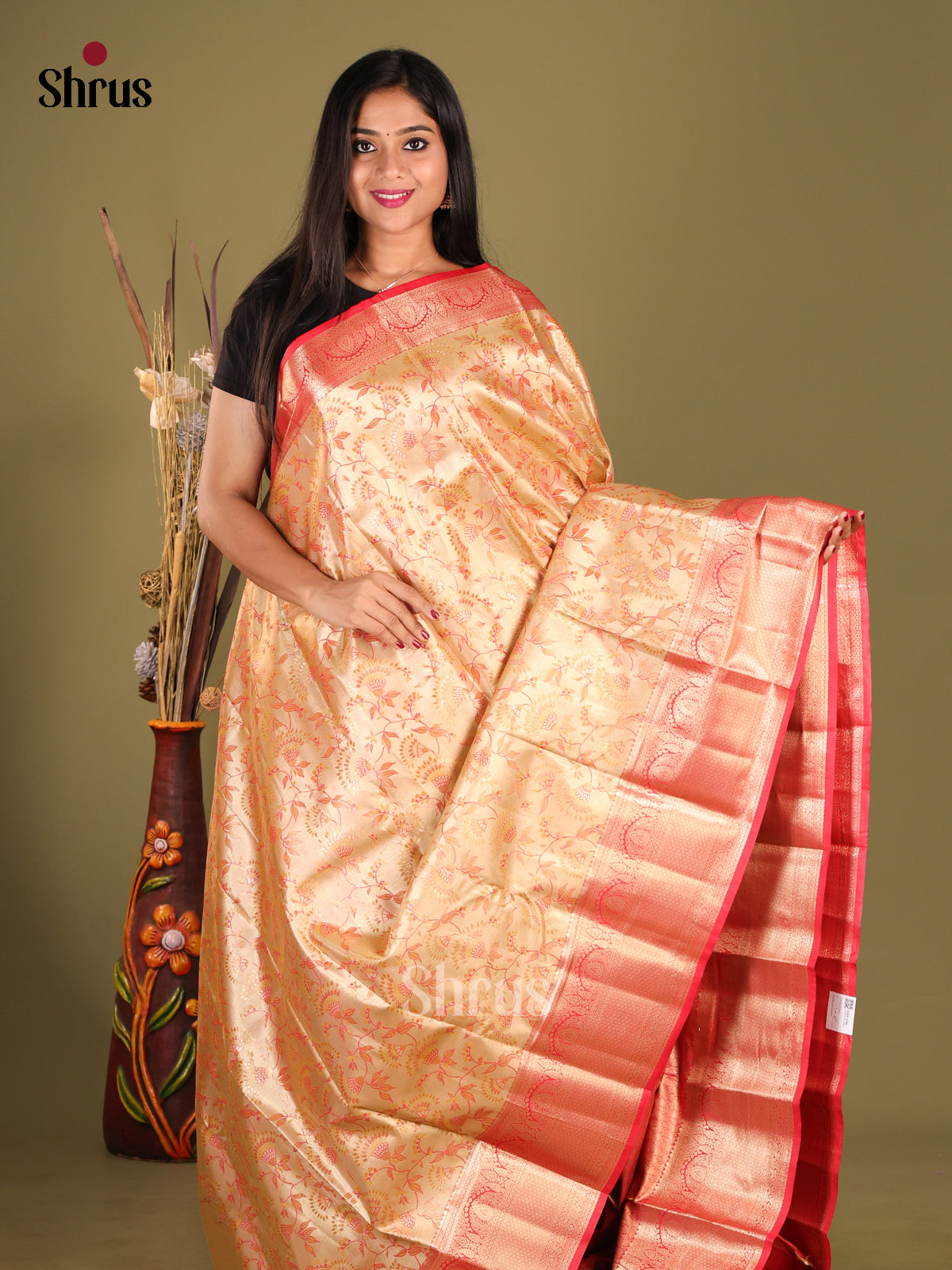 Peach & Red- Kanchipuram-halfpure Saree 1