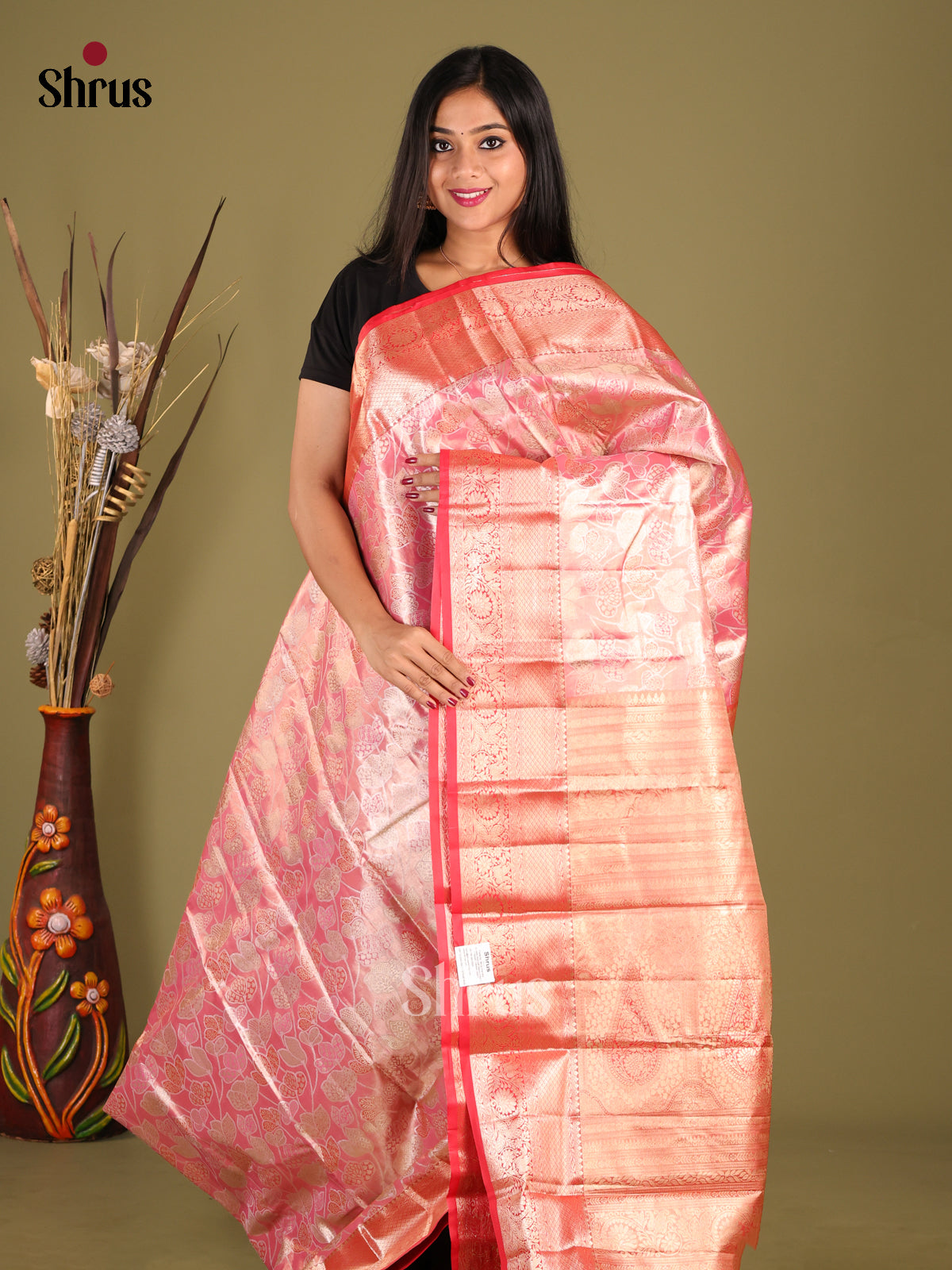 Pink & Red - Kanchipuram-halfpure Saree
