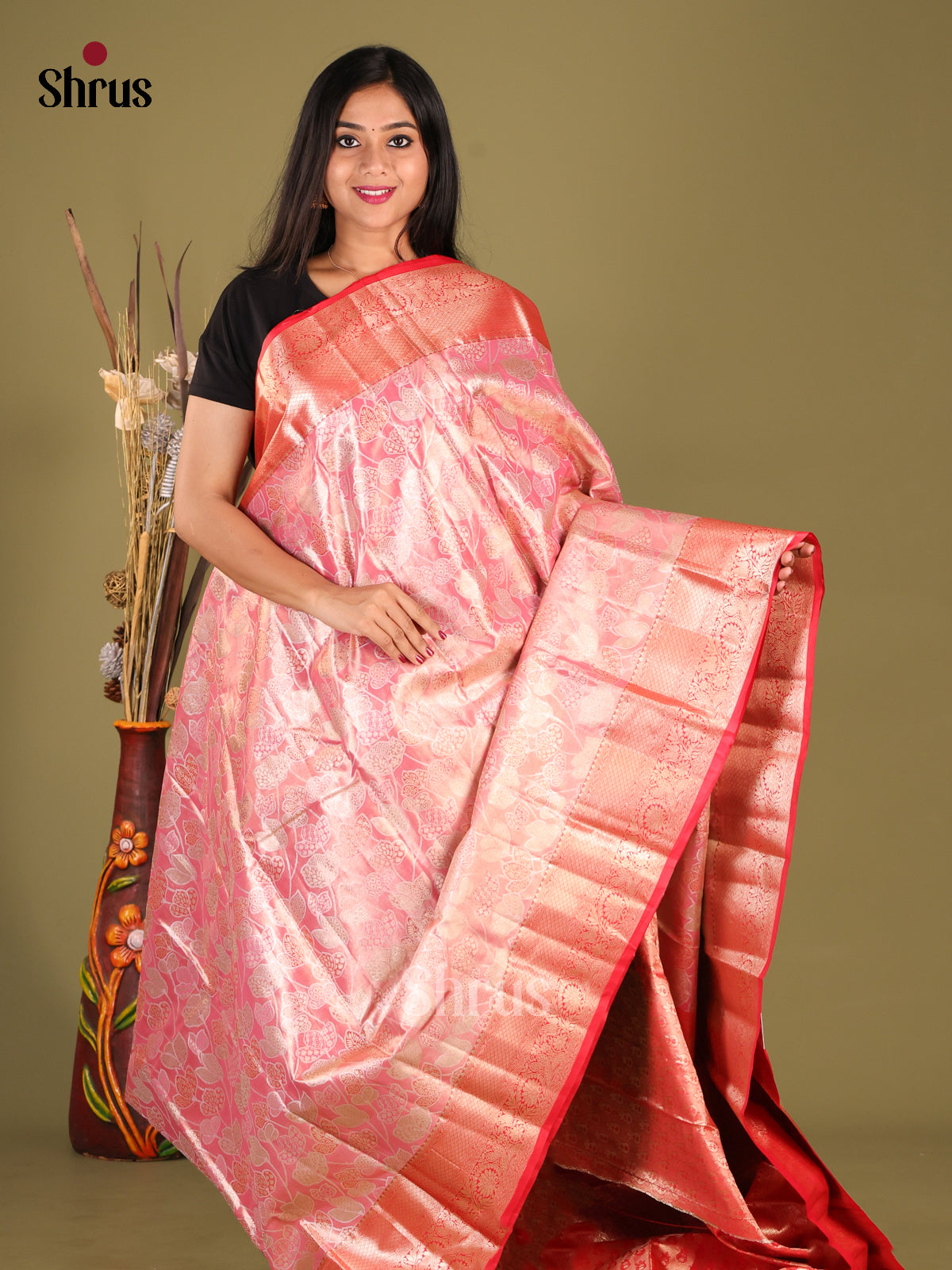Pink & Red - Kanchipuram-halfpure Saree 2