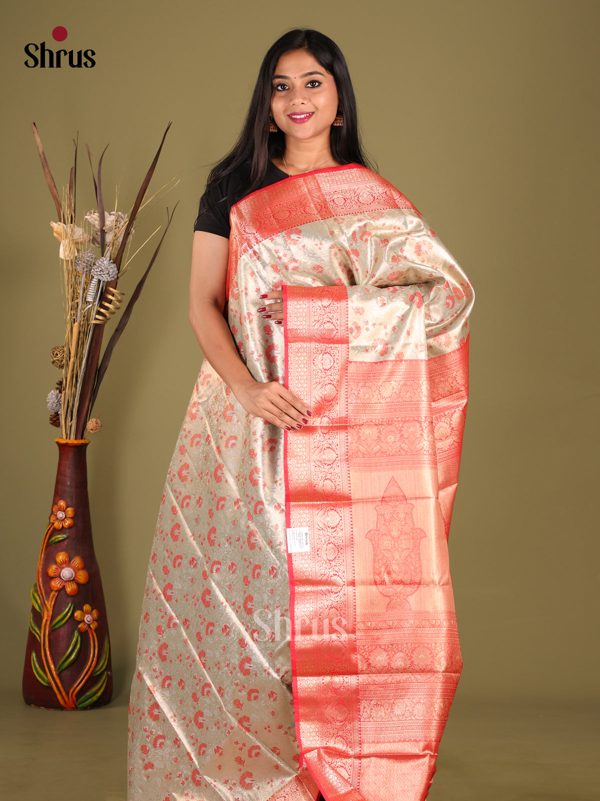 Pastel Green & Red - Kanchipuram-halfpure Saree - Shop on Shrus.com