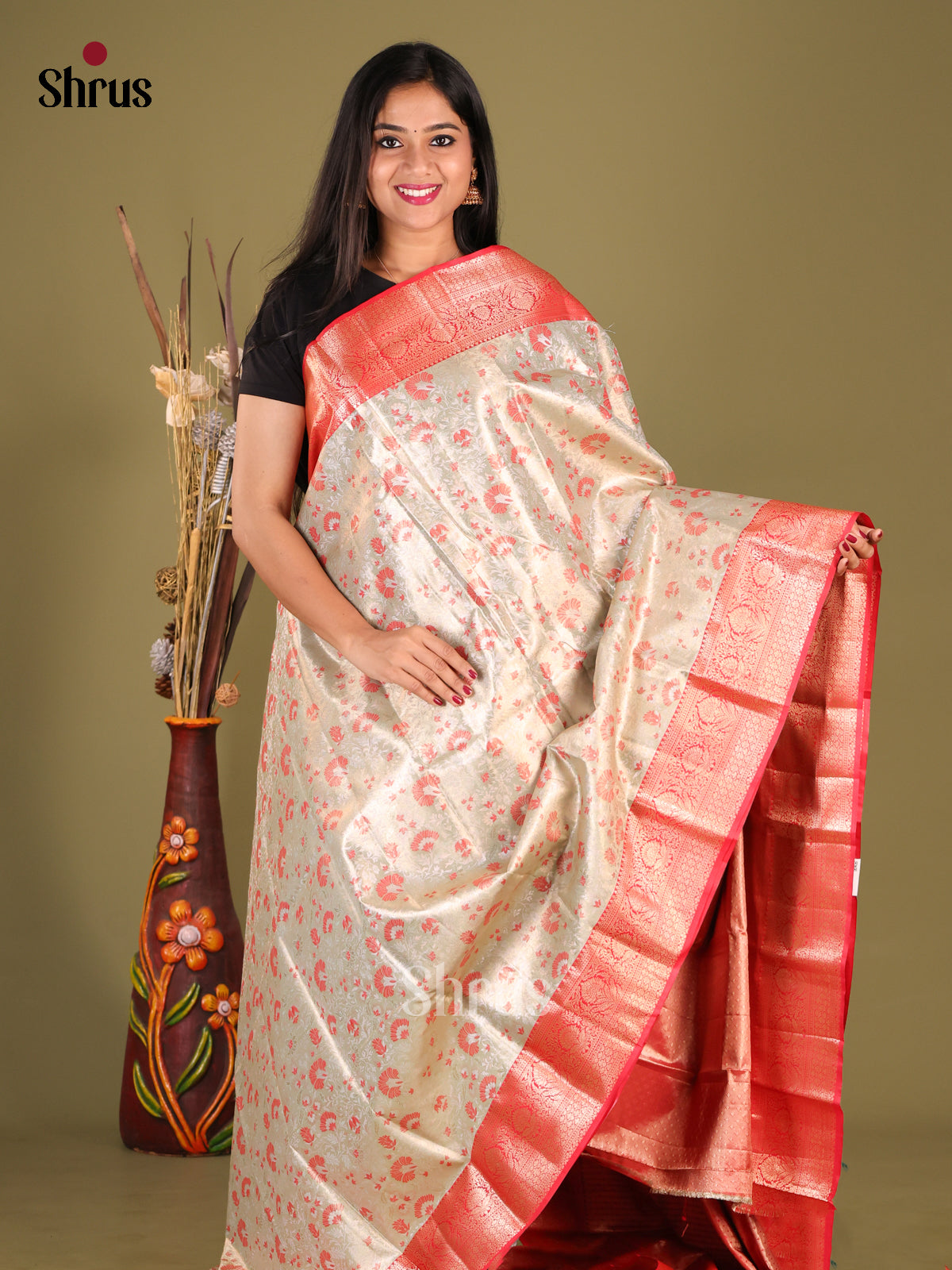 Pastel Green & Red - Kanchipuram-halfpure Saree - Shop on Shrus.com