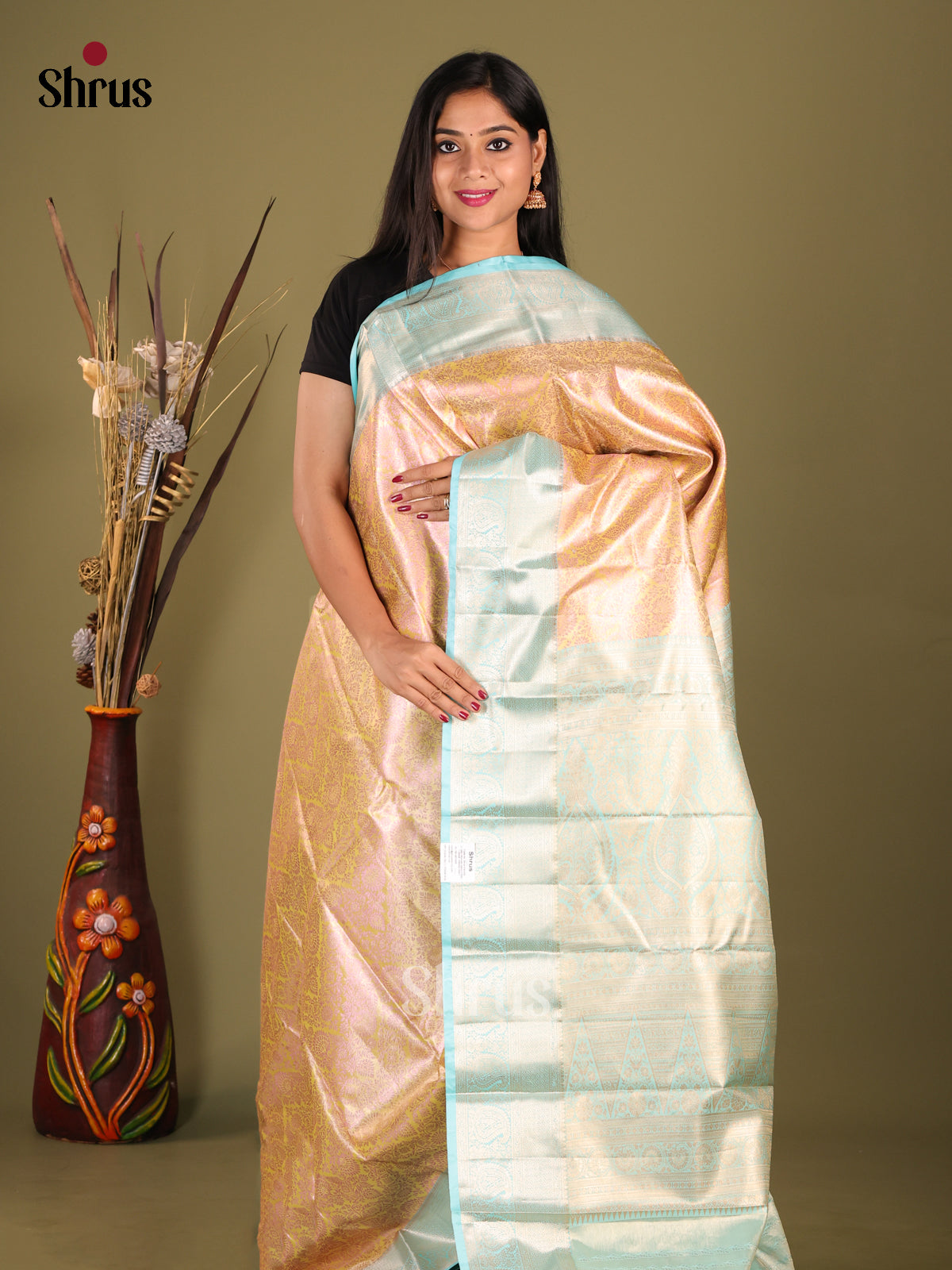 Yellow & Blue - Kanchipuram-halfpure Saree