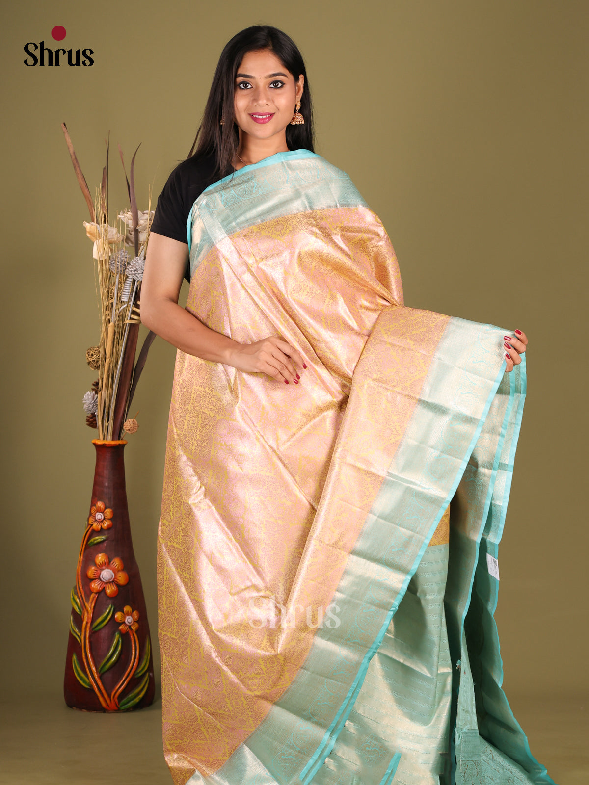 Yellow & Blue - Kanchipuram-halfpure Saree 1