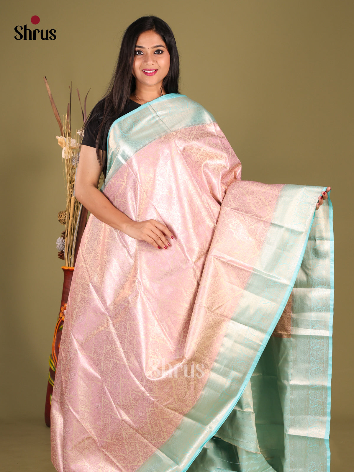 Pink & Light Blue Kanchipuram halfpure Saree 1