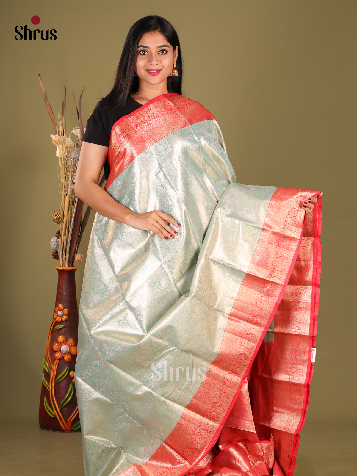 Ice Blue & Reddish Pink - Kanchipuram-halfpure Saree 1