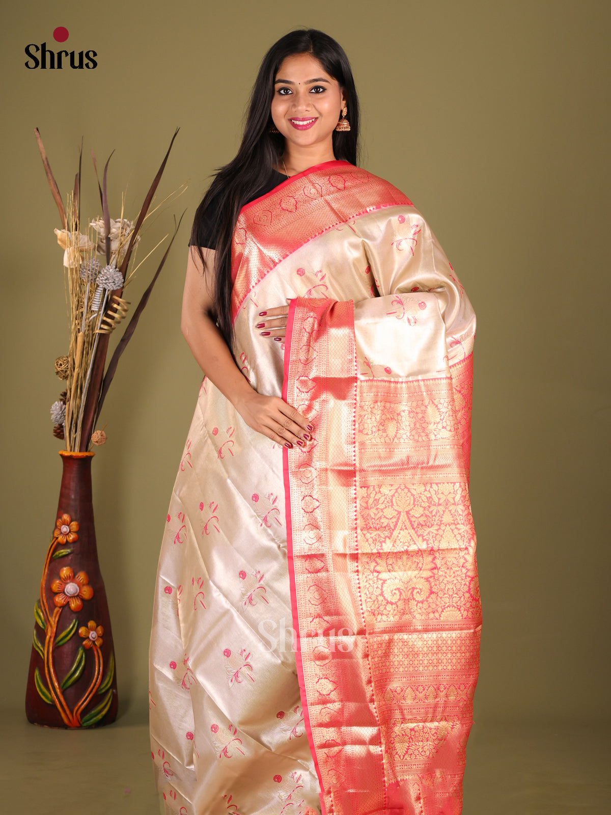 Cream & Pink - Kanchipuram-halfpure Saree