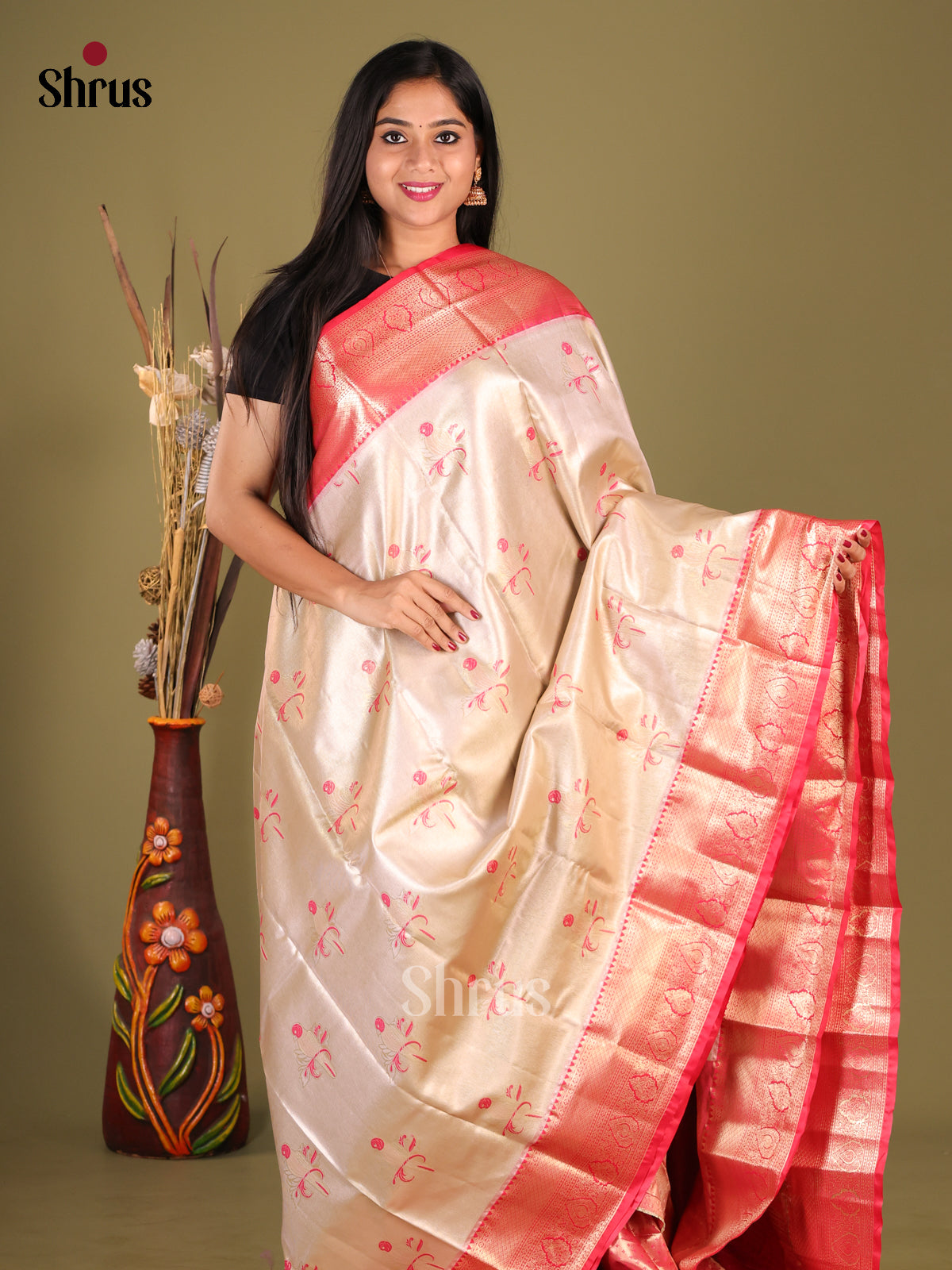 Cream & Pink - Kanchipuram-halfpure Saree 1