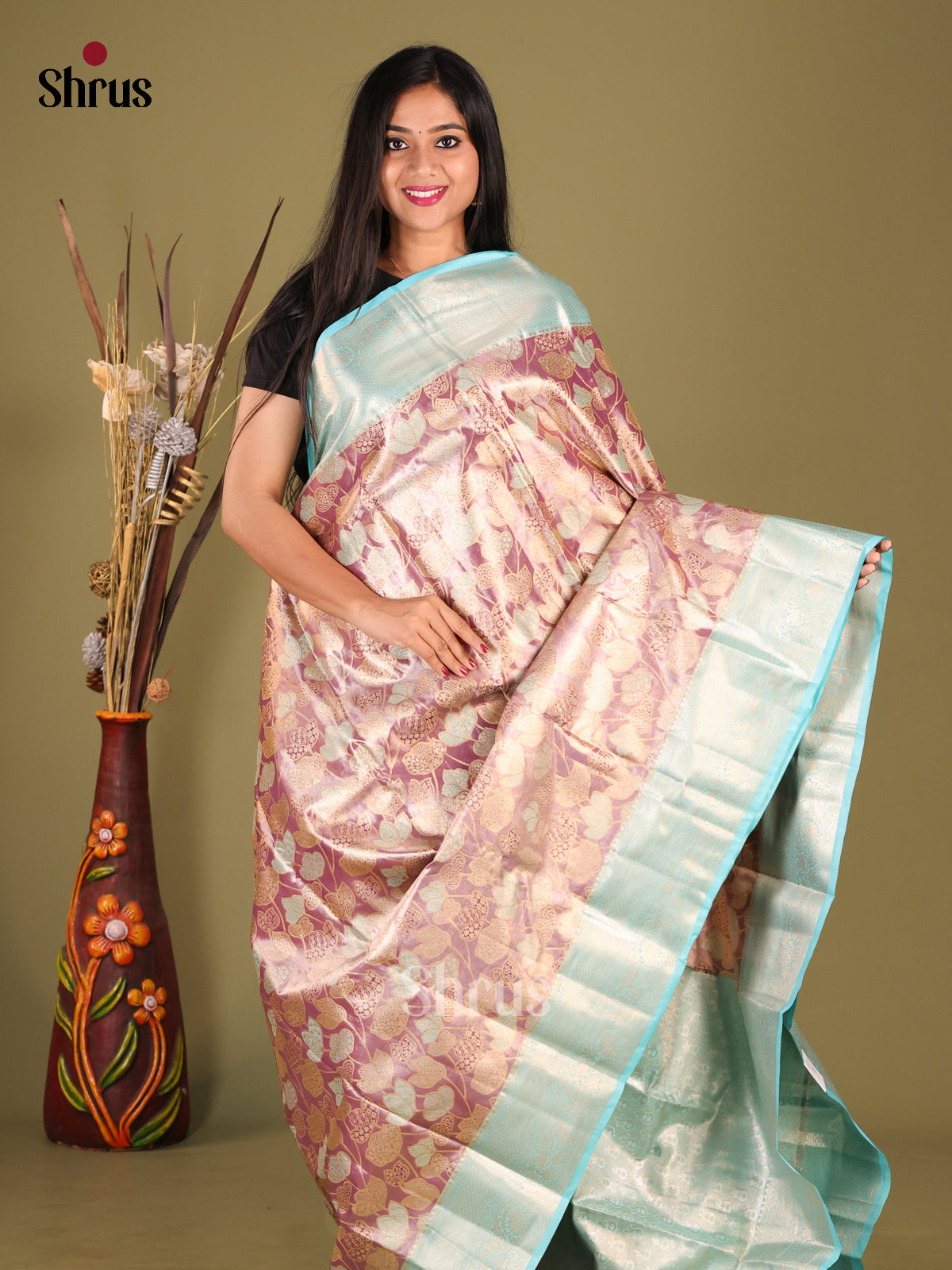 Onion Pink & Blue - Kanchipuram-halfpure Saree - Shop on Shrus.com
