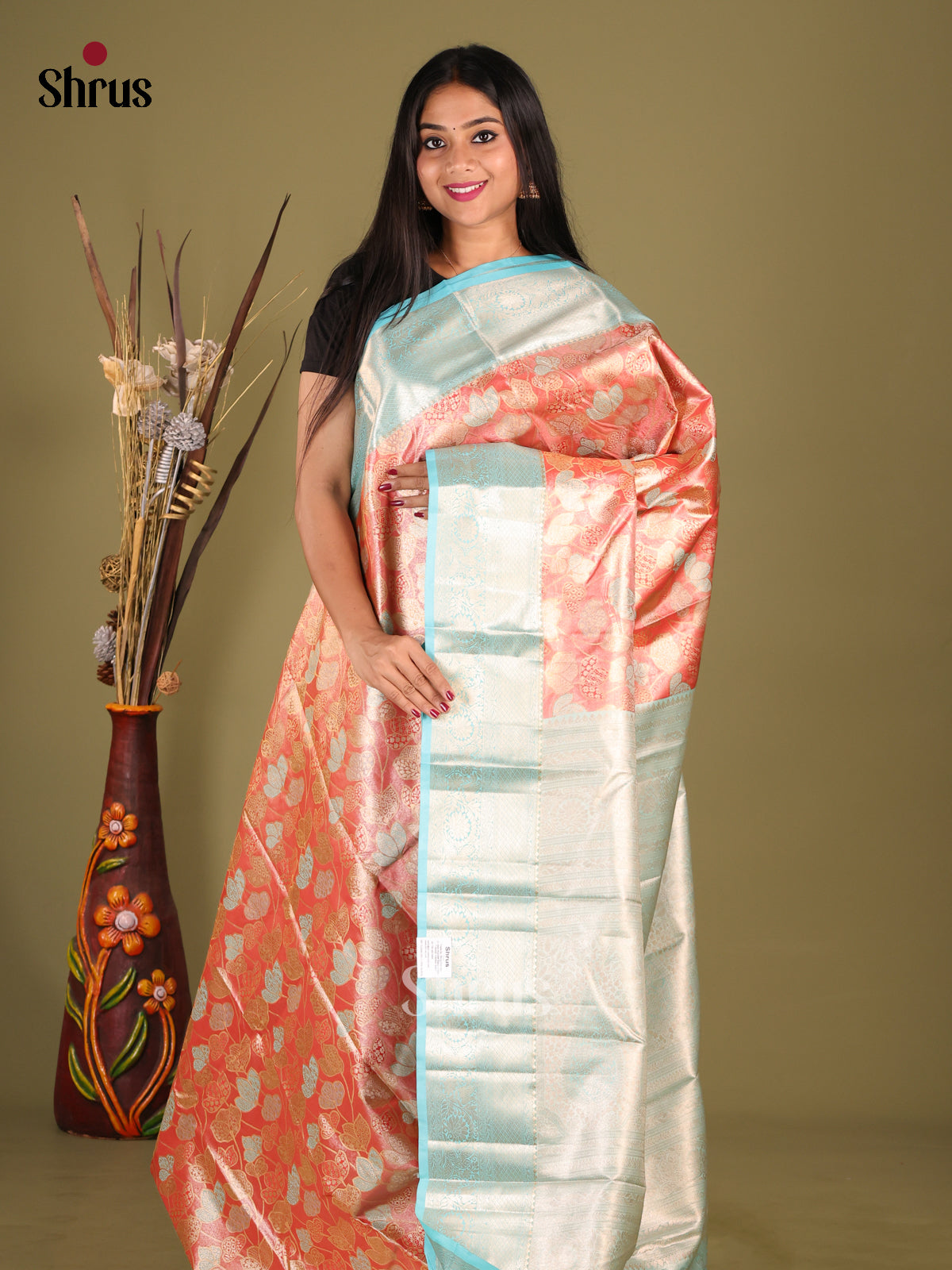 Orange & blue - Kanchipuram-halfpure Saree - Shop on Shrus.com