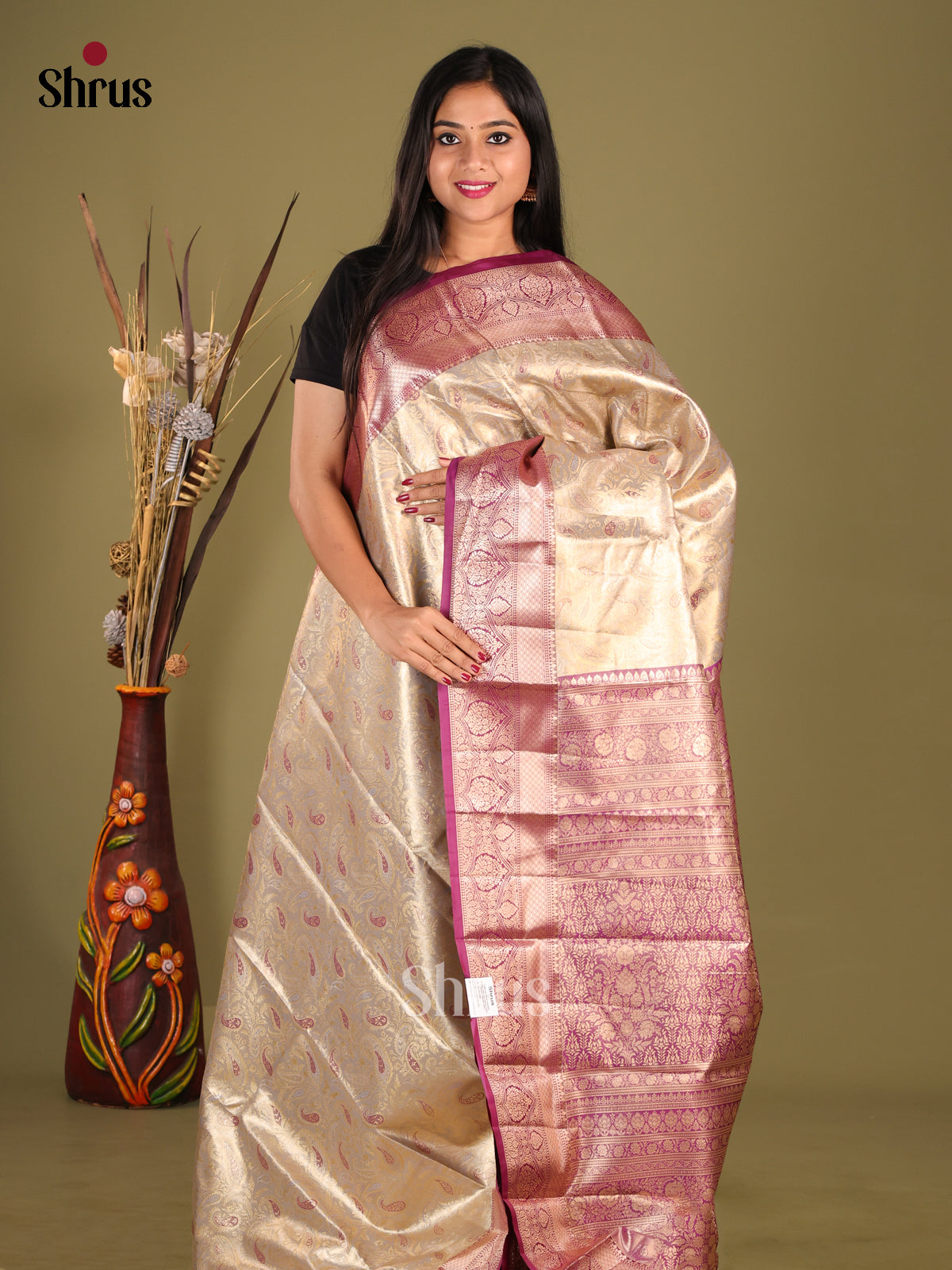 Cream & Purple - Kanchipuram-halfpure Saree - Shop on Shrus.com